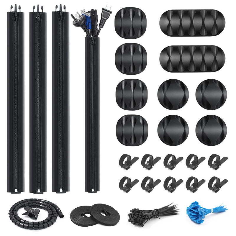  [AUSTRALIA] - 147pcs PC Cable Management kit,1 Cord Sleeve 4 Cable Sleeve with Zipper 10 Cable Clip Holder,10pcs and 2 Roll Self Adhesive tie and 20 Cable Zip Ties Tags and 100 Fastening Cable Ties for Cord (Black)