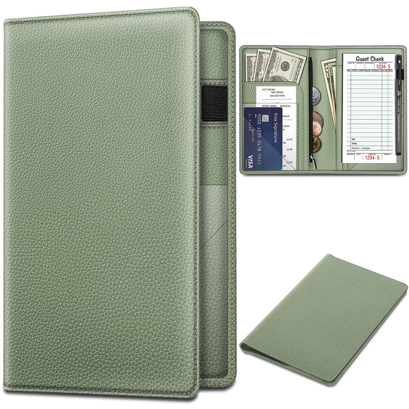 [AUSTRALIA] - Server Book Organizer with Zipper Pocket, Fintie PU Leather Restaurant Guest Check Presenters Card Holder for Waitress, Waiter, Bartender (Sage Green) * Sage Green
