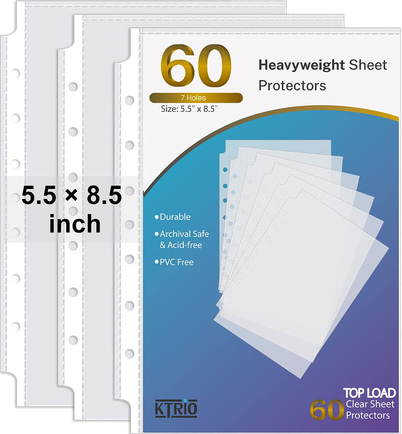  [AUSTRALIA] - KTRIO Heavyweight Sheet Protectors for Mini 3 Ring Binder Clear Page Protector, 5.5 x 8.5 inch Plastic Sleeves for Small Binders, Paper Protector 7 Hole Top Loading, 60 Pack