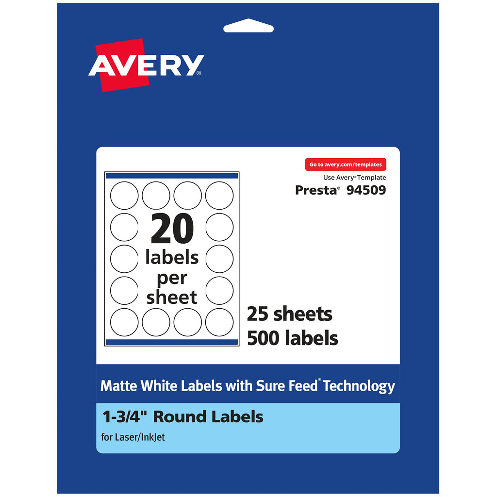 Avery Matte White Round Labels with Sure Feed, 1.75" Diameter, 500 Matte White Printable Labels 500 Labels - LeoForward Australia