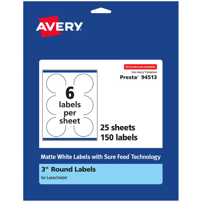 Avery Matte White Round Labels with Sure Feed, 3" Diameter, 150 Matte White Printable Labels 150 Labels - LeoForward Australia