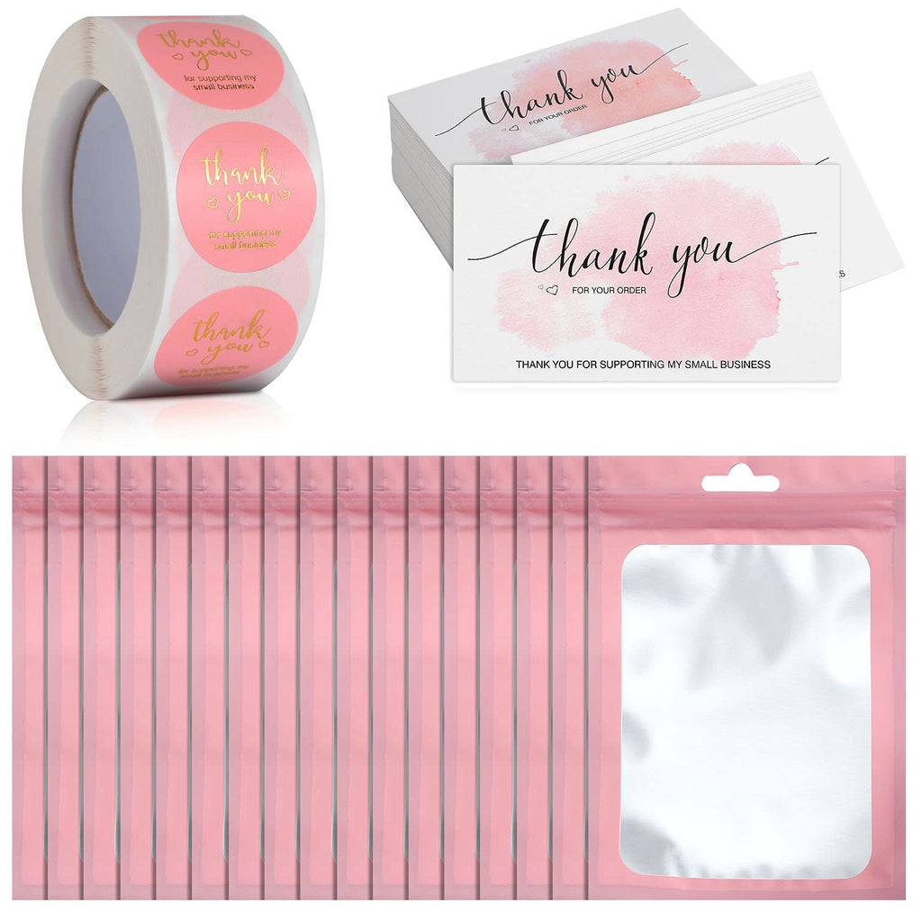 620 Pieces Thank You Cards and Stickers Set Thank You Gold Foil Stickers Thank You for Supporting My Small Business Stickers with Pink Resealable Packaging Bag, Suitable for Business Owners - LeoForward Australia