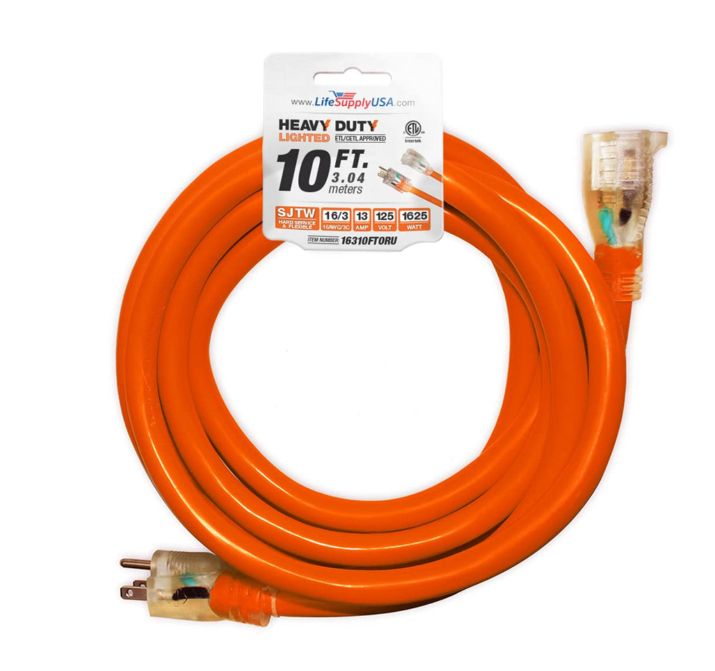  [AUSTRALIA] - 10 ft Extension Cord 16/3 SJTW with Lighted end - Orange - Indoor / Outdoor Heavy Duty Extra Durability 13AMP 125V 1625W ETL Listed by LifeSupplyUSA 10 ft