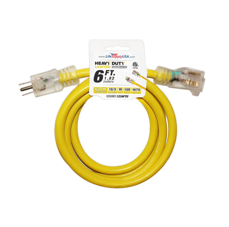  [AUSTRALIA] - 6 ft Extension Cord 12/3 SJTW with Lighted end - Yellow - Indoor / Outdoor Heavy Duty Extra Durability 15AMP 125V 1875W ETL Listed by LifeSupplyUSA