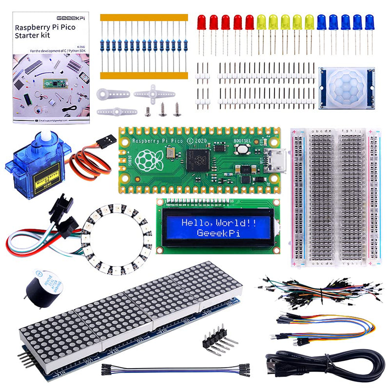  [AUSTRALIA] - GeeekPi Raspberry Pi Pico Basic Starter Kit with Raspberry Pi Pico, Breadboard, I2C 1602 LCD Display Module, 9g Mirco Servo for Raspberry Pi Beginners & Software Engineer