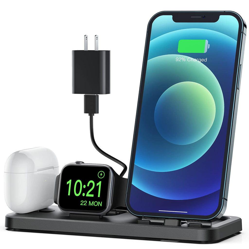  [AUSTRALIA] - CEREECOO Portable 3 in 1 Charging Station for Apple Products Foldable Charger Stand for iWatch 6/SE/5/4/3/2/1 Charging Stand for iPhone AirPods Pro/3/2/1 Charging Dock Holder(with 10W Adapter)-Black Black