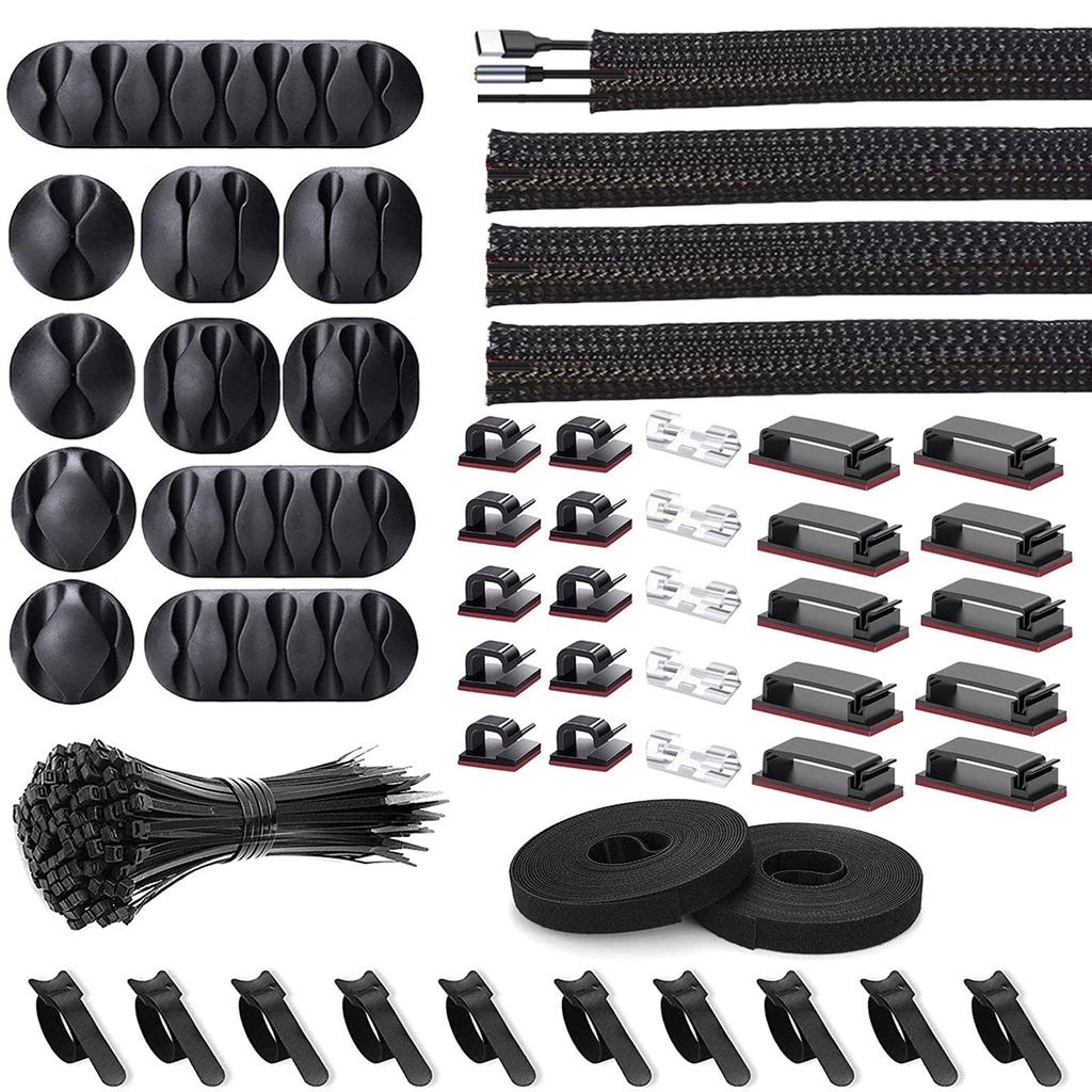  [AUSTRALIA] - 152 pcs Cord Management Organizer Kit 4 Cable Sleeve split with 41Self Adhesive Cable Clips Holder, 10pcs and 2 Roll Self Adhesive tie and 100 Fastening Cable Ties for TV Office Home Electronics etc