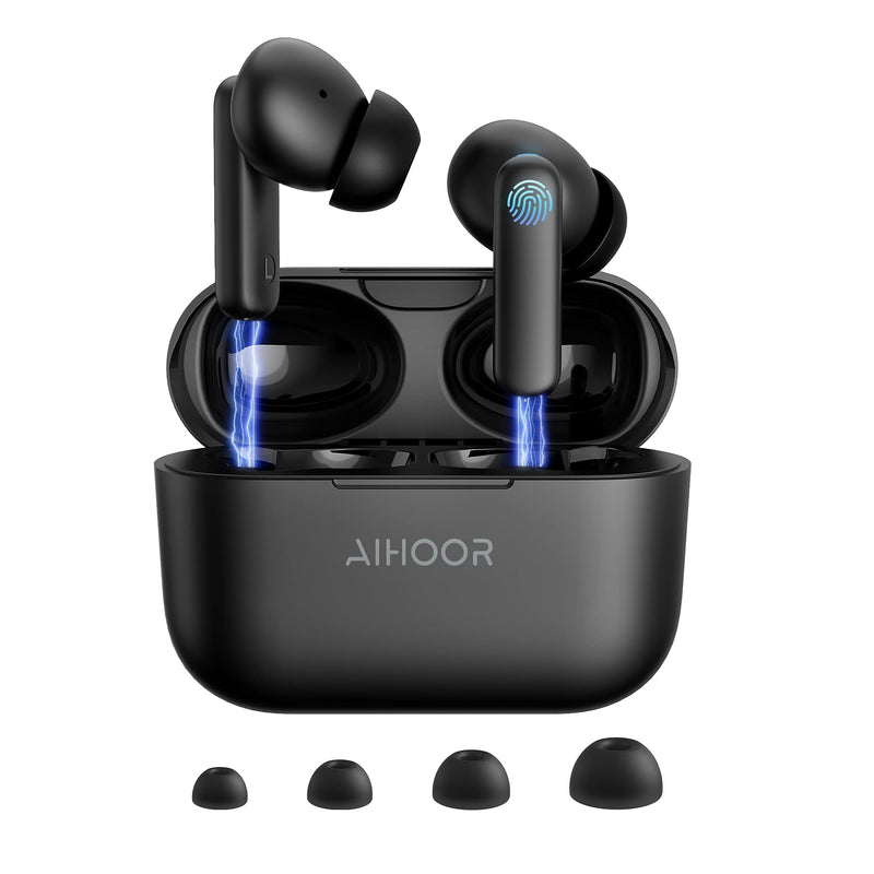  [AUSTRALIA] - AIHOOR Wireless Earbuds for iOS & Android Phones, Bluetooth 5.0 in-Ear Headphones with Extra Bass, Built-in Mic, Touch Control, USB Charging Case, 30hr Battery Earphones, Waterproof for Sport (Black) Matte Black