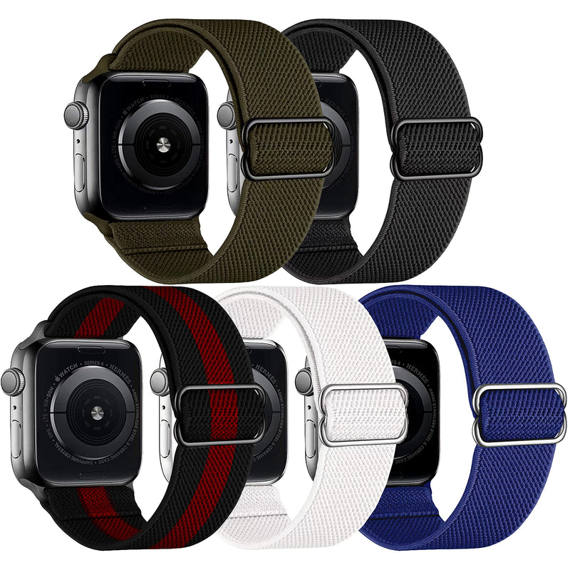 FEIYOLD 5 Packs Stretchy Solo Loop Bands Compatible with Apple Watch Bands 38mm 40mm 42mm 44mm for Women Men,Adjustable Sport Elastics Nylon Wristband Compatible with iWatch Series 6/5/4/3/2/1/SE Amy Green/Black/Blue/White/Red Black 38/40mm - LeoForward Australia