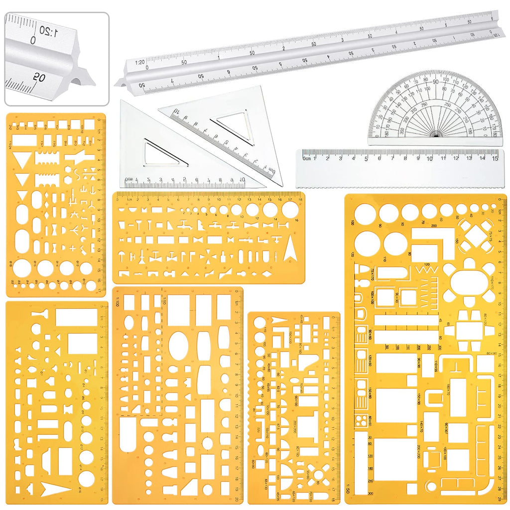 11 Pieces Plastic Drawing Template Ruler Geometric Drawing 12 Inch Triangular Aluminum Architect Scale Measuring Templates Building Geometric Kit Plastic Drawing Template Ruler for Drafting - LeoForward Australia