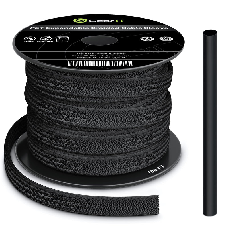  [AUSTRALIA] - GearIT (100ft, 1/4 Inch) PET Expandable Cable Management Sleeve Wire Loom Cord Cover for USB Cable, Power Cord, Audio Video Cable and More - Black 1/4" - 100 Feet