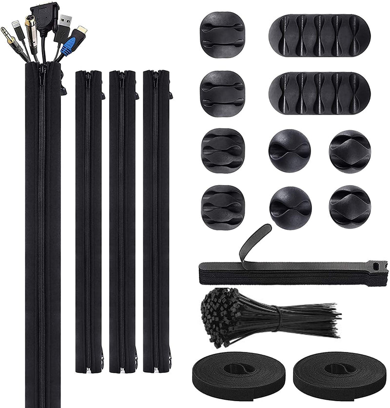  [AUSTRALIA] - 126pcs Cable Management Organizer Kit, 4 Cable Sleeve, 10 Reusable Cable Ties, 10 Self Adhesive Cable Clip Holder, 2 Velcro Cable Tie Rolls, 100 Fastening Cable Ties for Office Desk Electronics