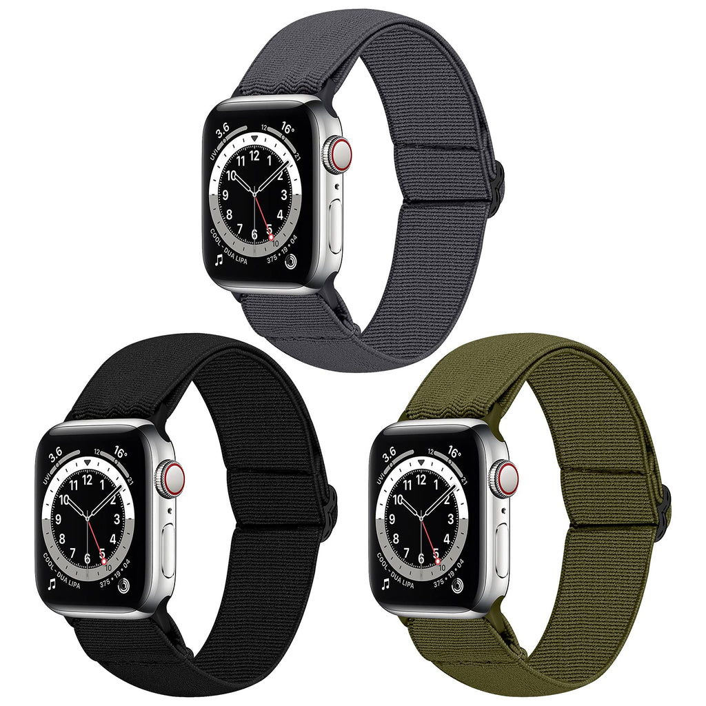 Dsytom 3 Pack Elastic Band Compatible with Apple Watch Bands 38mm 40mm 42mm 44mm, Adjustable Stretchy Nylon Solo Loop Soft bands Replacement Wristband for iWatch Series 6/5/4/3/2/1 SE Strap for Women Black/Army Green/Grey 38mm/40mm - LeoForward Australia