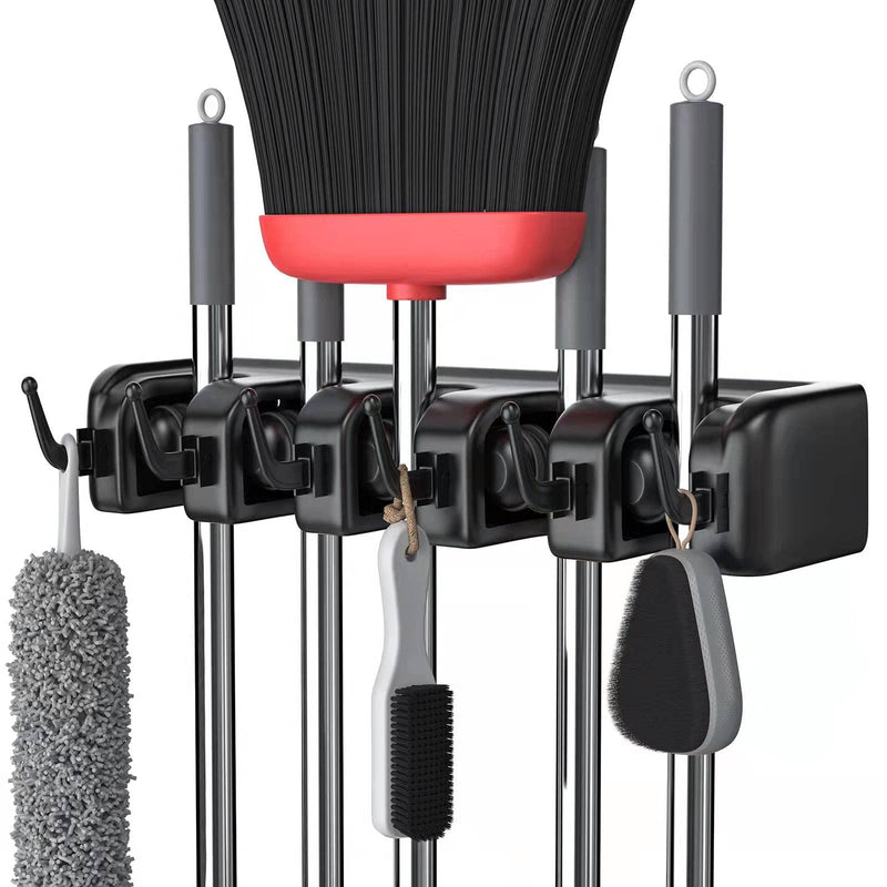 [AUSTRALIA] - Mop and Broom Holder Wall Mount, LETMY Heavy Duty Broom Hanger Garden Tool Organizer Home Cleaning Supplies Organizations Storage Rack with 5 Position 6 Hooks for Home Kitchen Garden Laundry Room Black-1Pcs