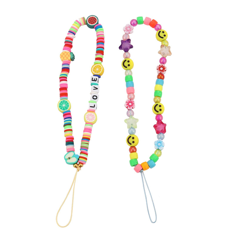  [AUSTRALIA] - Beaded Phone Lanyard Wrist Strap Bohemian Colorful Bead Phone Charm Smiley Face Fruit Star Initial Pearl Rainbow Acrylic Bead Cell Phone Lanyard Decoration Accessories for Phone Key Purses 2pcs-Style A