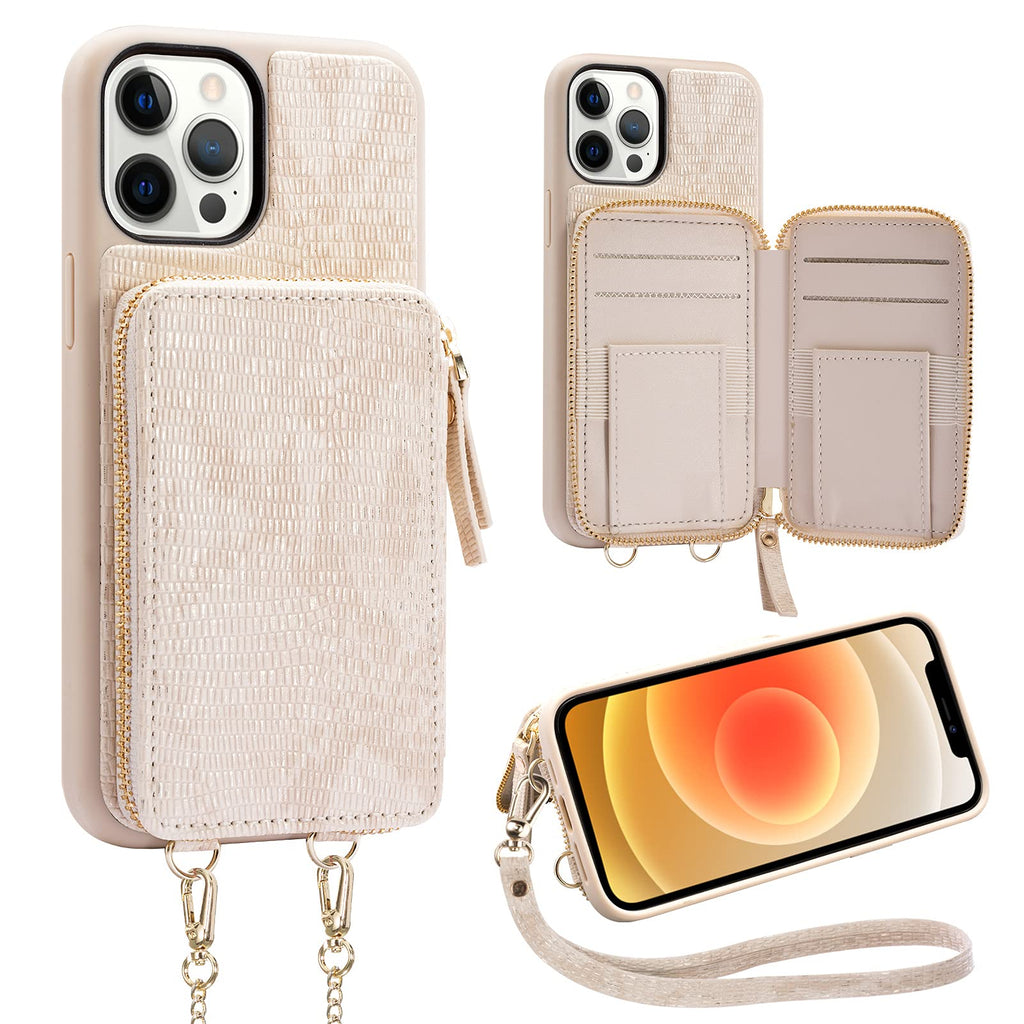  [AUSTRALIA] - ZVEdeng Wallet Case for iPhone 12 Pro Max, Zipper Wallet Card Holder Case with Crossbody Chain Wrist Strap Leather Handbag for Women Protective Case for iPhone 12 Pro Max 6.7'' Lizard Skin Apricot iPhone 12 Pro Max 6.7 Inch-Lizard Skin Apricot