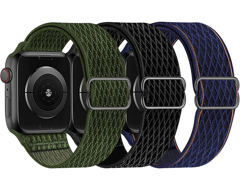  [AUSTRALIA] - Swhatty Stretchy Nylon Solo Loop Bands Compatible with Apple Watch 45mm 41mm 44mm 40mm 42mm 38mm, Adjustable Braided Sport Elastics Women Men Strap for iWatch Series 7/6/5/4/3/2/1 SE, 3 Pack L 38 Black/Army Green/Deep Navy Blue 38mm/40mm/41mm