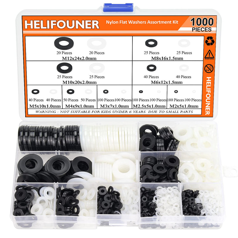  [AUSTRALIA] - HELIFOUNER 1000 Pieces 9 Sizes White/Black Nylon Flat Washers Assortment Kit - M2 M2.5 M3 M4 M5 M6 M8 M10 M12