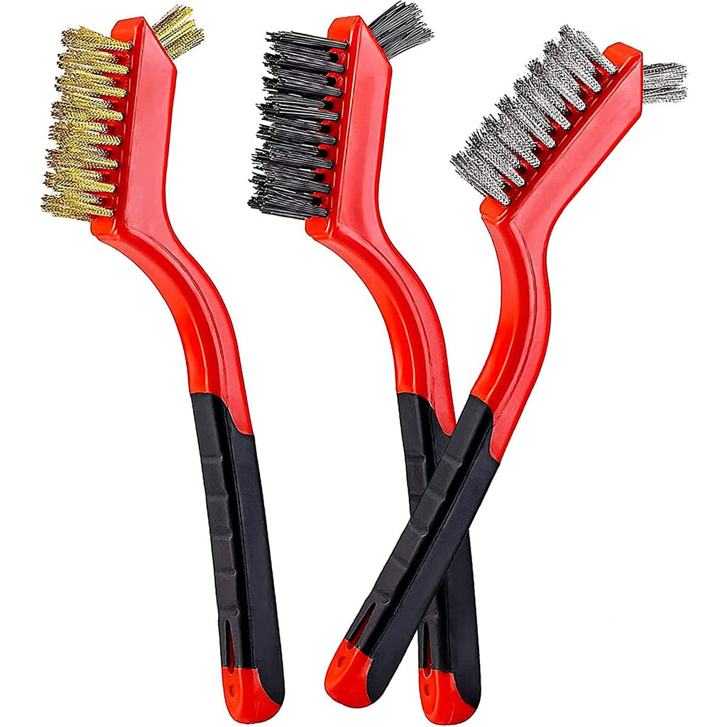  [AUSTRALIA] - 3PCS Wire Brush Set Nylon/Brass/Stainless Steel Bristles with Curved Handle Grip for Rust, Dirt & Paint Scrubbing with Deep Cleaning