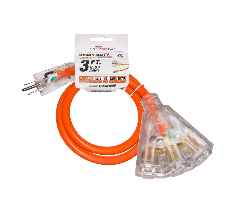  [AUSTRALIA] - 3 ft Extension Cord 12/3 3-Outlet SJTW with Lighted end - Orange - Indoor / Outdoor Heavy Duty Extra Durability 15AMP 125V 1875W ETL Listed by LifeSupplyUSA