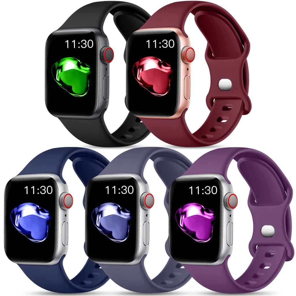  [AUSTRALIA] - Easuny Compatible with Apple Watch Band 38mm 40mm 41mm Women 42mm 44mm 45mm Men - Soft Sport Silicone Wristbands Strap Replacement for iWatch Bands SE Series 7 6 5 4 3 2 1,5 Pack Black/Wine/Blue Gray/Dark Blue/Purple 41mm/40mm/38mm