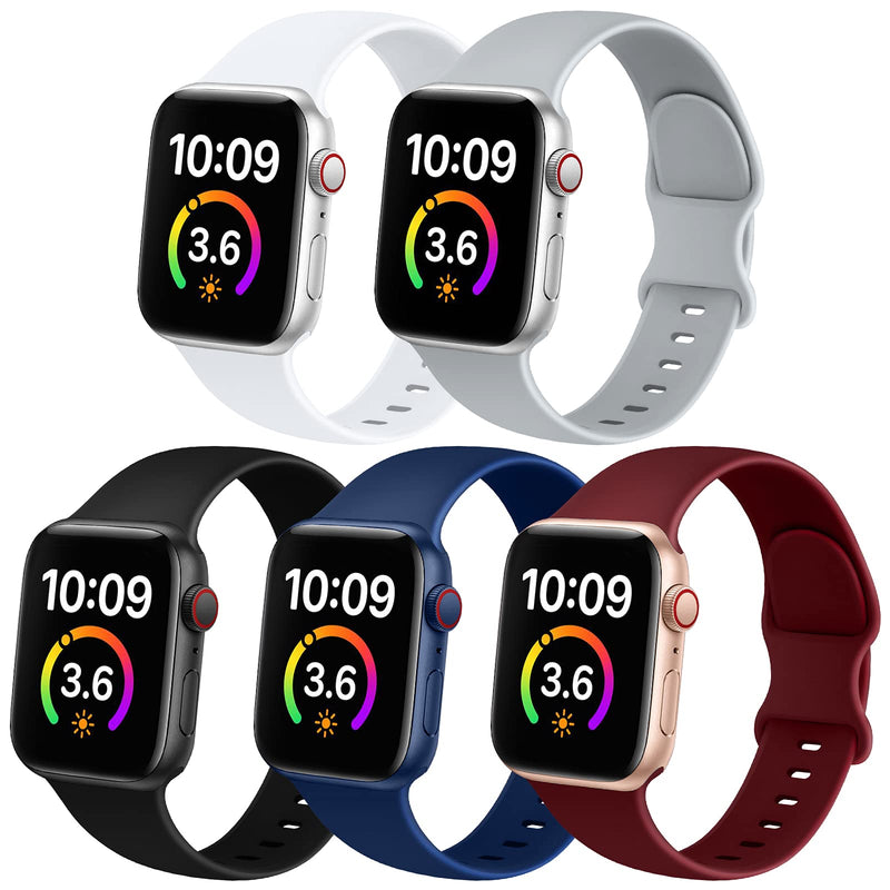  [AUSTRALIA] - 5 Pack Bands Compatible with Apple Watch Band 38mm 40mm 41mm 42mm 44mm 45mm Women Men, Soft Silicone Sport Replacement Strap Compatible with iWatch Series 7 6 5 4 3 2 1 SE Black/Grey/Navy Blue/Wine Red/White 38mm/40mm/41mm