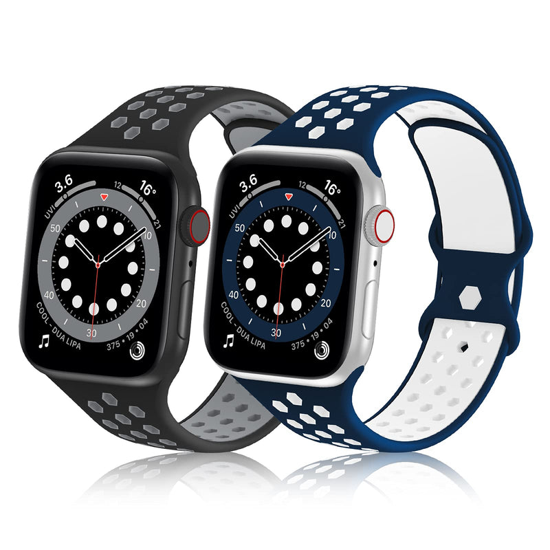 Bagoplus 2 Pack Sport Bands Compatible with Apple Watch 38mm 40mm 42mm 44mm, Soft Silicone Double Color Air Holes Design Replacement Straps Compatible for iWatch Series SE 6/5/4/3/2/1 Women and Men Black Grey/Dark-Blue White 38mm/40mm - LeoForward Australia