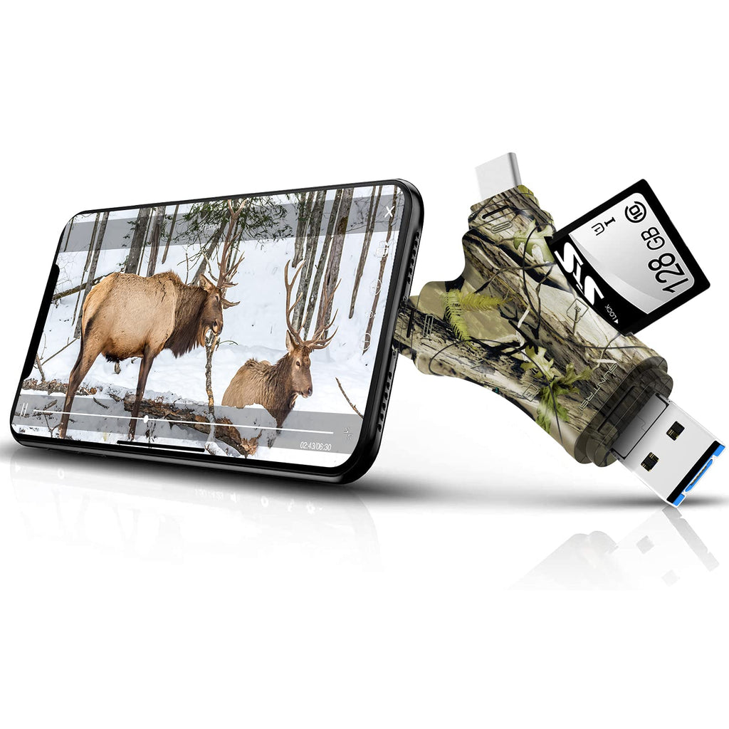  [AUSTRALIA] - Trail Camera Viewer SD Card Reader,4 in 1 SD and Micro SD Memory Card Reader Compatible with iPhone/ipad ,Trail Camera SD Card Viewer to View Hunting Game Camera Photos or Videos on Smartphone Camo
