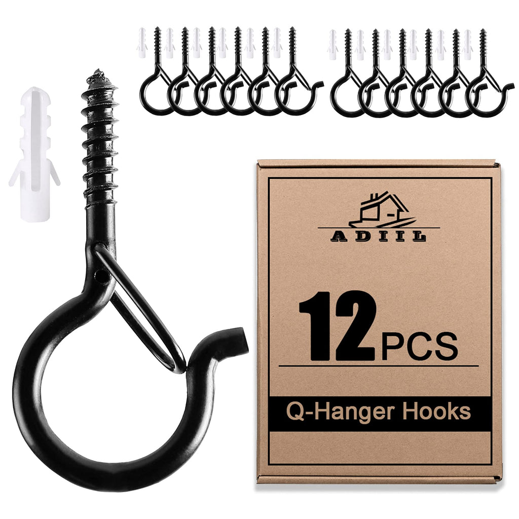  [AUSTRALIA] - ADIIL 12 PCS Q Hanger Hooks with Safety Buckle, Windproof Screw Hooks for Hanging Outdoor String Lights, Ceiling Hooks for Hanging Plants, Christmas Lights & Patio Lights, 2.2 Inches, Black