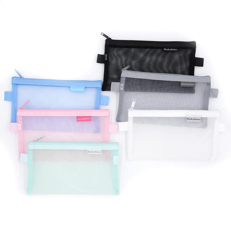  [AUSTRALIA] - Kinhshion Zipper Pouch Set of 6 Mesh Zipper Bags Clear Zipper Pouch Small Organizer Bag Zipper Folder Bag Cosmetic Bags Travel Storage Bags 6 Colours 1Layer-6Pcs