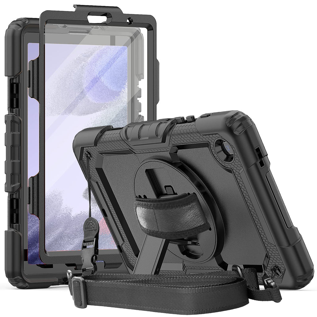  [AUSTRALIA] - Herize Samsung Galaxy Tab A7 Lite Case 2021 with Screen Protector | Tab A7 Lite 8.7 Inch Case SM-T225/T220 | Full Body Shockproof Durable Rugged Rubber Protective Case W/Hand Strap Shoulder Strap Black