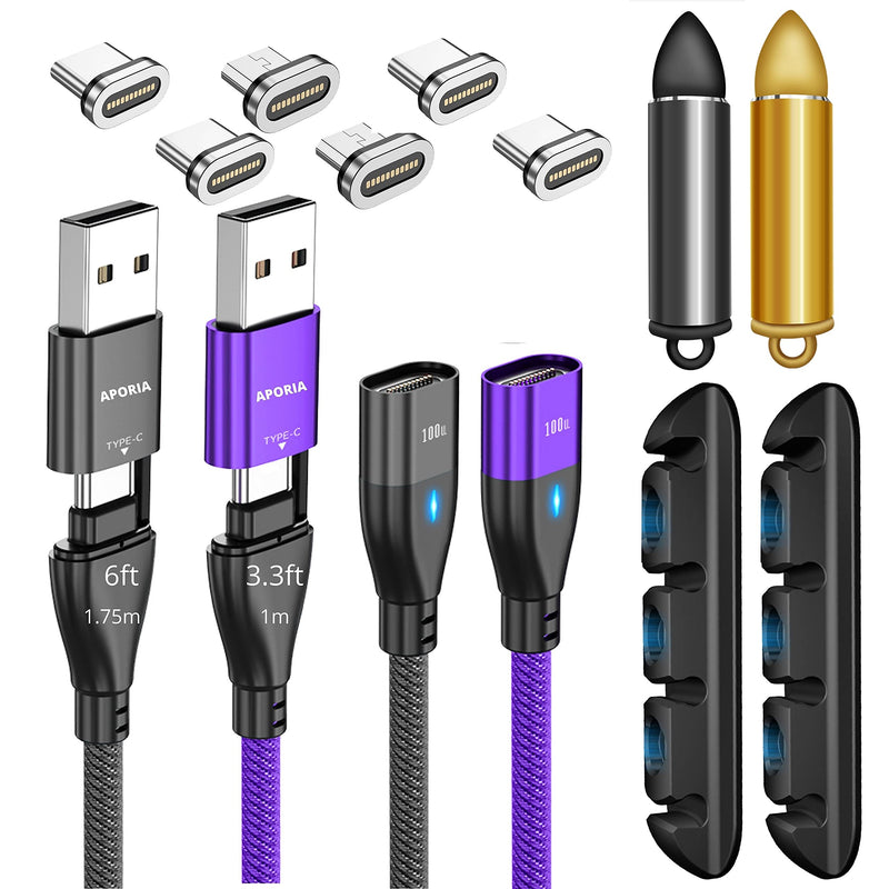  [AUSTRALIA] - Aporia - 100W Magnetic Charing Cable 6 in 1 USB A and USB Type C to 3 in 1 Including Type C Micro | Fast Charging & Data Transfer Sync | Charge Type C Interface Laptop [2-Pack] Black 6ft + Purple 3ft