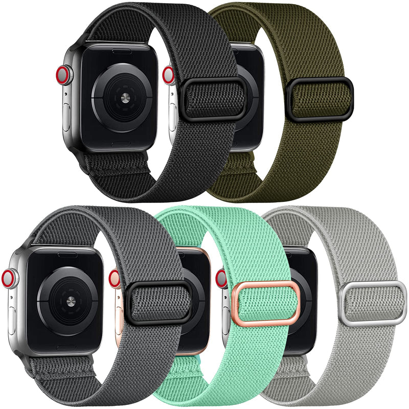  [AUSTRALIA] - Adorve Compatible with Apple Watch Band 41mm 40mm 38mm for Women Men, 5 Pack Stretchy Elastic Solo Loop for iWatch SE Series 7/6/5/4/3/2/1 (Black/Gray/Army Green/Light Gray/Mint Green, 38mm/40mm/41mm) Black/Gray/Army Green/Light Gray/Mint Green