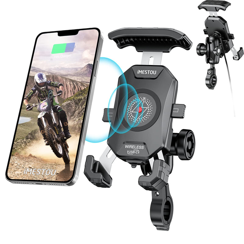  [AUSTRALIA] - iMESTOU Anti-Theft Motorcycle Wireless Phone Mount Charger 15W & USB C 3A Handlebar 1" Ball Stem Phone Holder Works with 12V/24V Vehicle/USB Socket 720 Rotation Quick Charge for 4.0-7.0" Cellphones Double Socket Arm-Wireless & USB C Charge