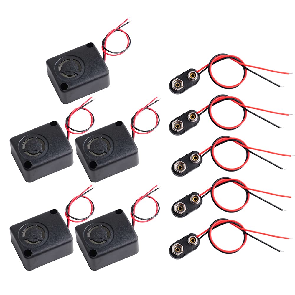  [AUSTRALIA] - 12V DC Black Mini Piezo Alarm Siren 110dB and 9 V Battery Clip Connector Long Cable Connection Hard Shell Black Red Connector (T Type)