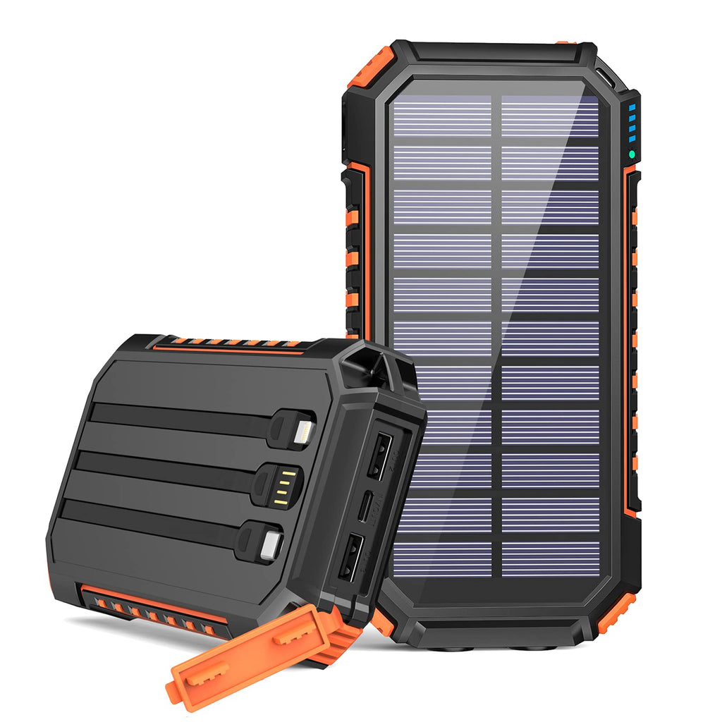  [AUSTRALIA] - Riapow Solar Charger 30000mAh High Capacity Solar Power Bank with Built-in USB C & iOS & USB Input Cables, Fast Charge Portable Phone Charger with 5 Outputs & 2 Inputs for Smartphone, Tablet Orange