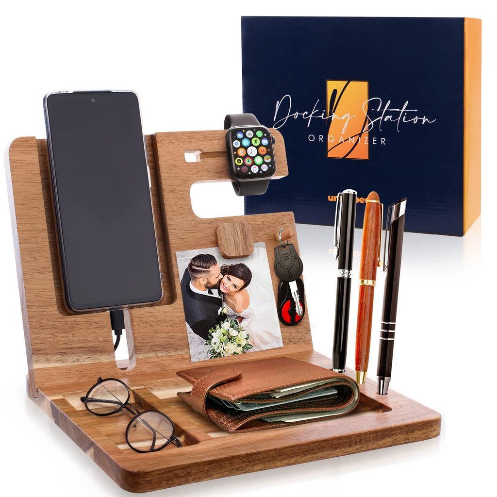  [AUSTRALIA] - Mens Docking Station - Phone, Watch, Wallet, Gadgets, Acacia Wood Nightstand Organizer, Magnetic Pin to hold Photo, Notes, EDC Stand, Anniversary Birthday Christmas Gifts -Husband, Dad, Son, Boyfriend 21.5Wx23L