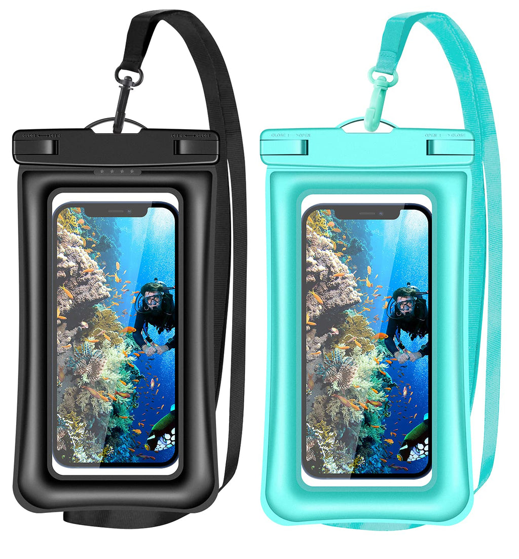  [AUSTRALIA] - v-Golvin Floating Universal Waterproof Phone Pouch, IPX8 Cellphone Dry Bag Waterproof Case for iPhone 12 SE 2020 11 Pro XS Max XR X 8 7 6s Plus Galaxy S10 S9 S20 S21 Note 20/10 Up to 7 inches -2 Pack Black+Teal