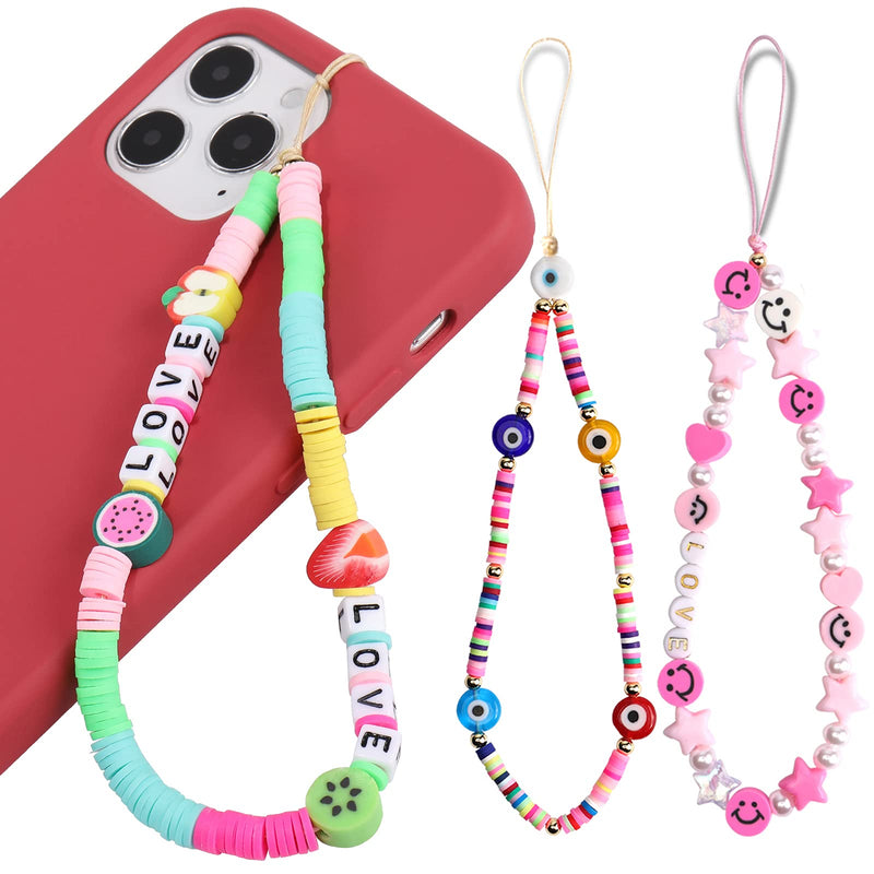 [AUSTRALIA] - 3PCS Beaded Phone Lanyard Wrist Strap, TOOVREN Smiley Face Beaded iPhone Charm Handmade Fruit Star Clay Pearl Rainbow Color Beads Cell Phone Chain Strap Bracelet Keychain Y2K Accessory for Women Girls Colorful A