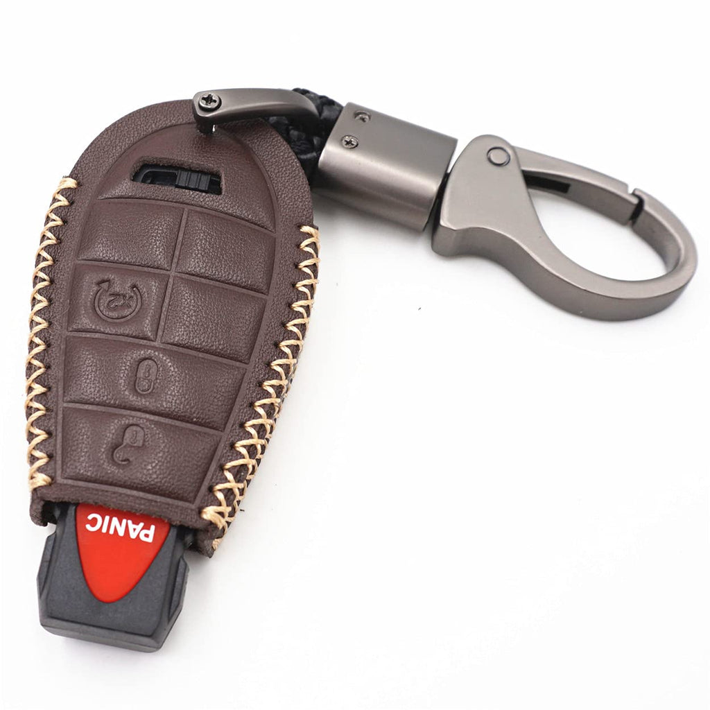  [AUSTRALIA] - WFMJ Brown Leather for IYZ-C01C Chrysler 300 Town & Country Dodge Challenger Durango Grand Caravan Journey Magnum Ram 1500 2500 3500 Jeep Grand Cherokee 4 Buttons Key Fob Case Cover Chain