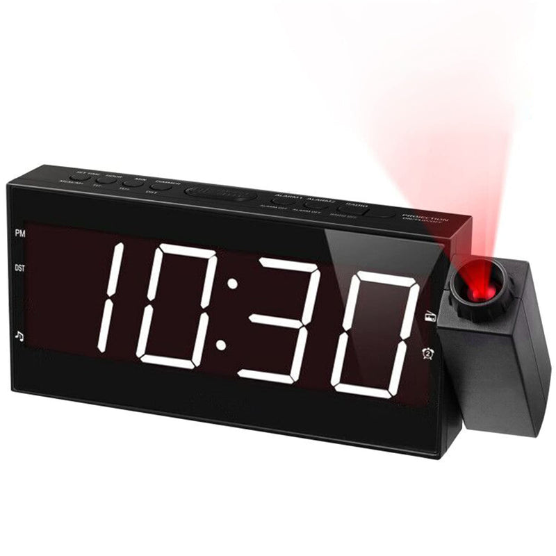  [AUSTRALIA] - Projection Dual Alarm Clock for Bedroom,Large Ceiling Clock with FM Radio,350°Projector,7" LED Display & Dimmer,Sleep Timer,USB Charger,Loud Digital Electric Clock & Battery Backup for Heavy Sleepers White Display