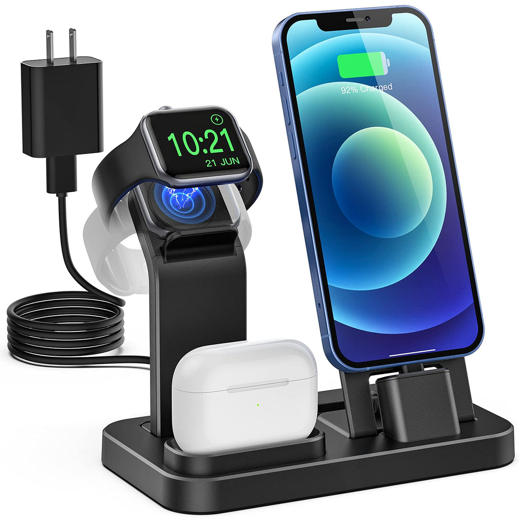  [AUSTRALIA] - Tinetton 3 in 1 Charging Station Compatible with Apple Watch iPhone AirPods with 10W Adapter Black