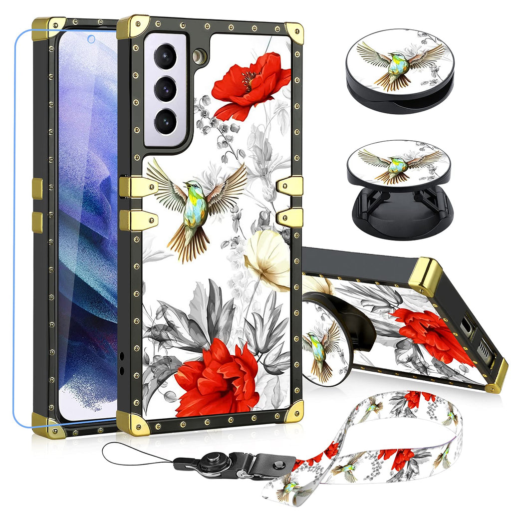 [AUSTRALIA] - Samsung Galaxy S21 5G Case Flower Bird with Tempered Glass Screen Protector Lanyard Ring Holder Kickstand for Women Girls Red Floral Square Finger Grip Stand Metal Corner Phone Bumpers for S21 5G 6.2" Red Flowers and Bird