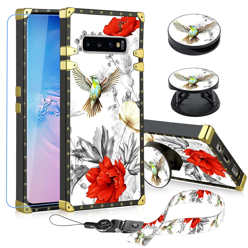  [AUSTRALIA] - Samsung Galaxy S10 Plus Case Flower Bird with Screen Protector Lanyard Strap Ring Holder Kickstand for Women Girls Red Floral Square Finger Grip Stand Metal Corner Phone Bumpers for S10 Plus 6.4" Red Flowers and Bird