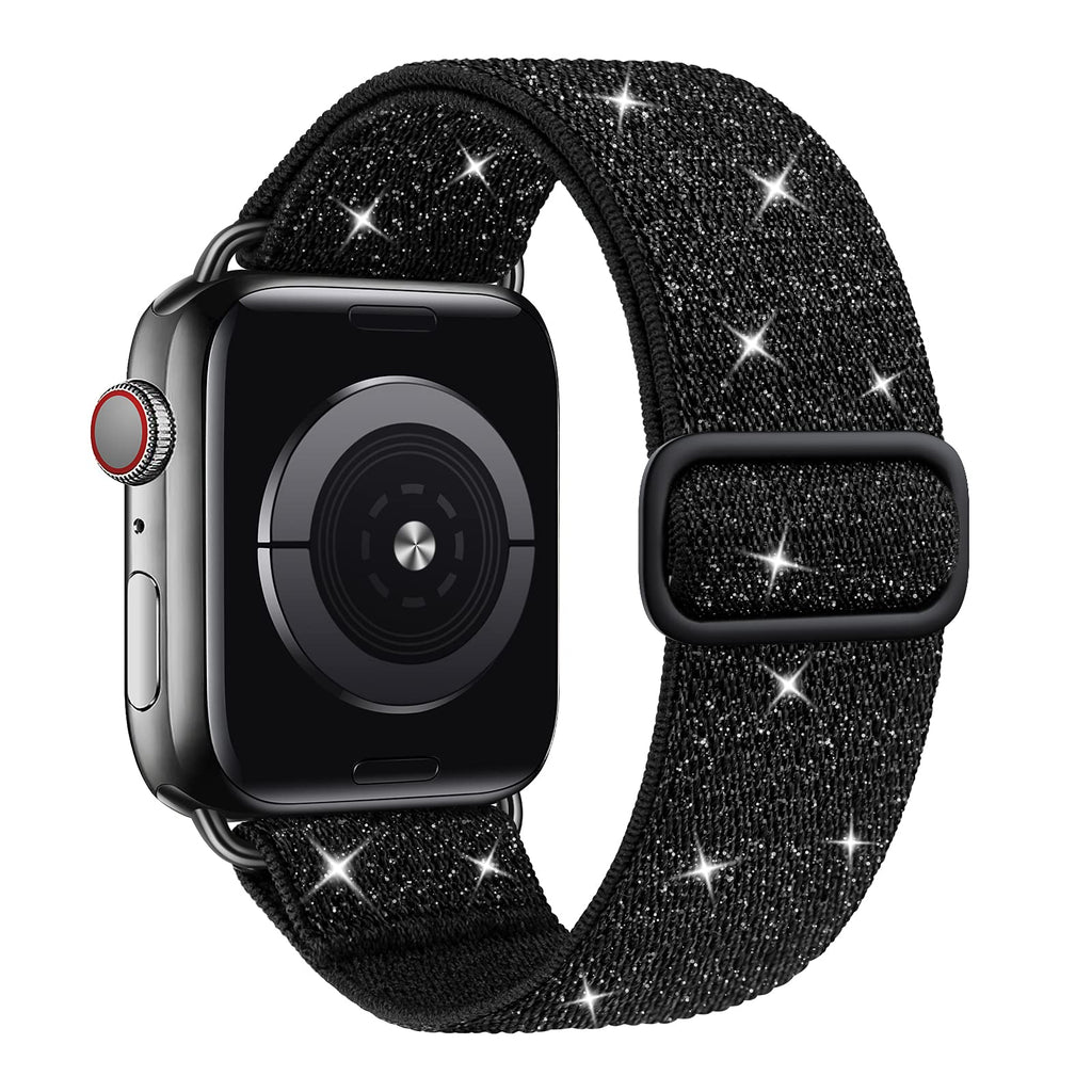  [AUSTRALIA] - Sparkly Stretchy Nylon Solo Loop Band Compatible with Apple Watch Band 38mm 40mm 42mm 44mm,Adjustable Braided Sport Women iWatch Series 6 5 4 3 2 1 SE Black 38/40mm