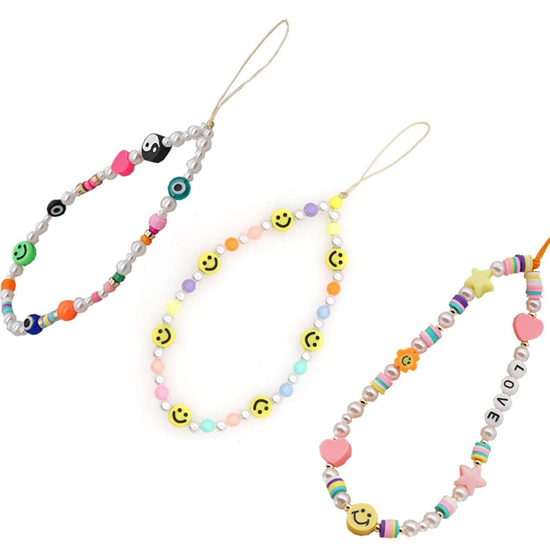  [AUSTRALIA] - Bead Phone Chain Phone Straps Y2k Style Colorful Beaded Phone Charm Smiley Face Evil Eye Yingyang Love Heart Star Beaded Kawaii Phone Lanyard Wrist Strap A-3PCS Colorful Phone Chains