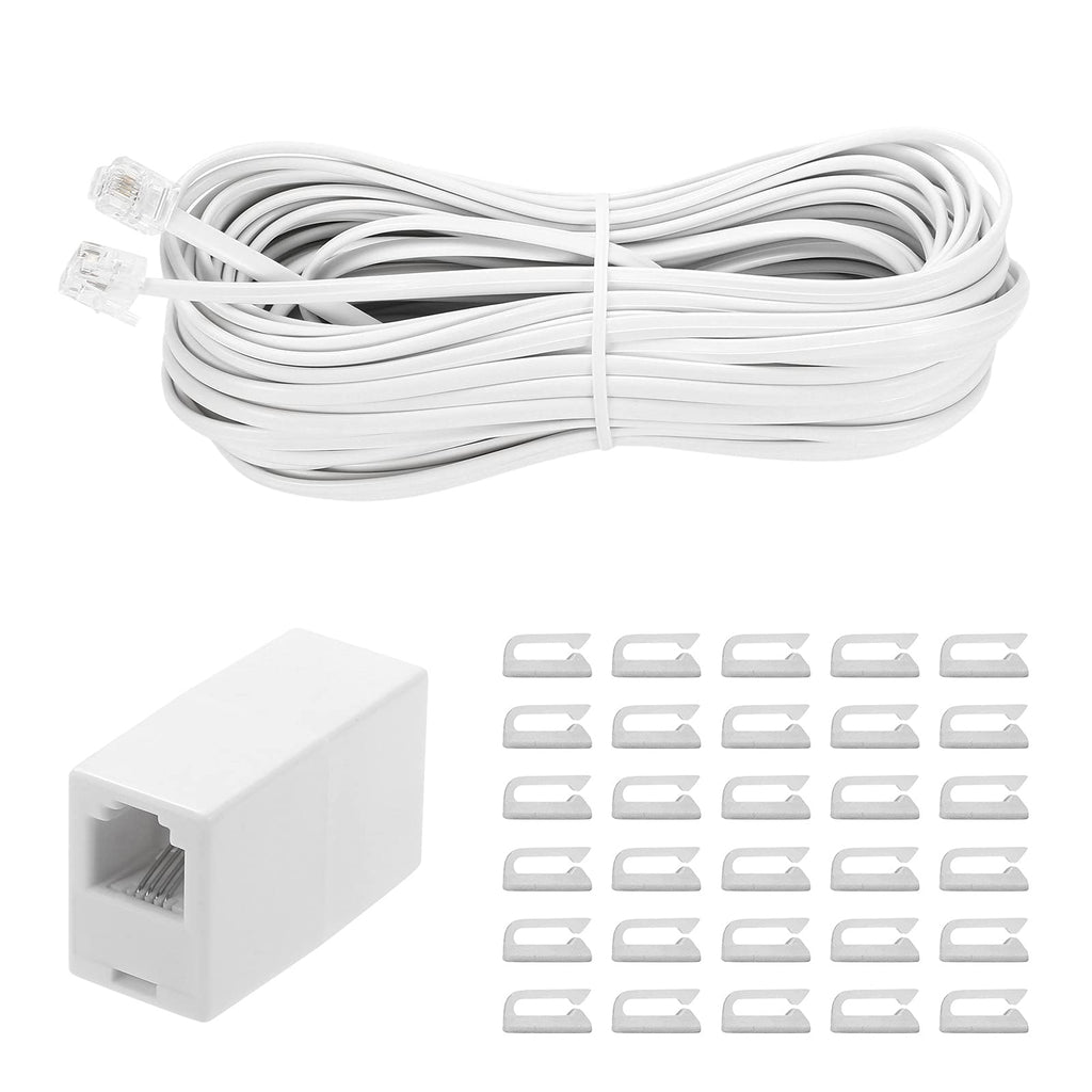  [AUSTRALIA] - 100 Feet Long Telephone Extension Cord Phone Cable Line Wire, with Standard RJ11 Plug and 1 in-Line Couplers and 20 Cable Clip Holders-White (White 30 M) white 30 M