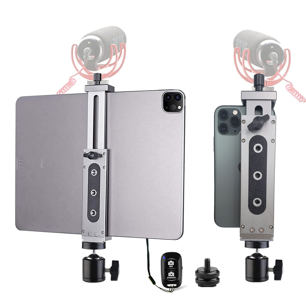  [AUSTRALIA] - Aluminum IPad Pro Tripod Mount Adapter Holder with Cold Shoe Ball Head and Bluetooth Shutter for iPad Pro 12.9 11 10.5, iPad Air Mini, Surface Galaxy Tab, Video Recording 3.5 to 13.5" iPhone Tablet
