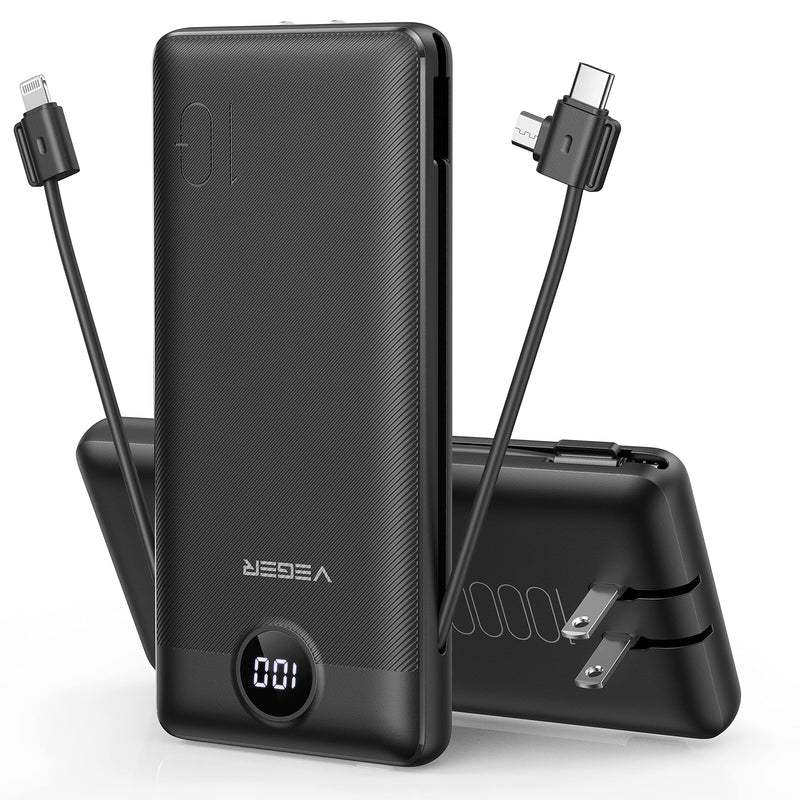 [AUSTRALIA] - VEGER Portable Charger for iPhone Built in Cables Fast Charging USB C Slim 10000 Power Bank, Wall Plug USB Battery Pack for iPhones, iPad, Samsung More Phones Tablets (Black) Black