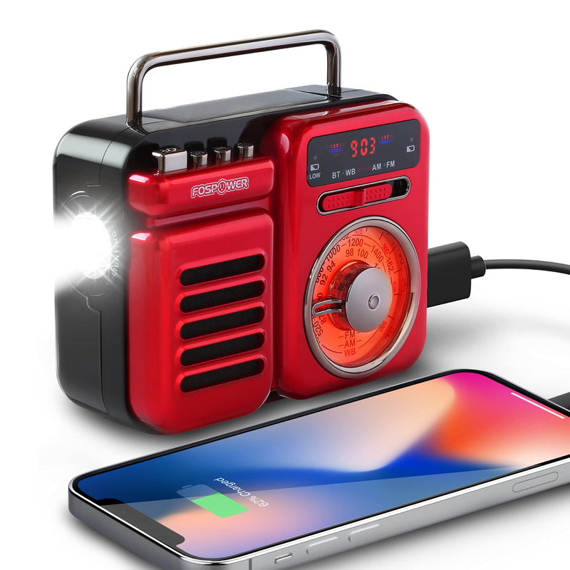  [AUSTRALIA] - FosPower 2000mAh Emergency Weather Radio, Retro Style Portable Radio with 5.0 Bluetooth Speaker, Hand Crank, Solar Charging, AM/FM/WB, Flashlight & SOS Alarm (Red)
